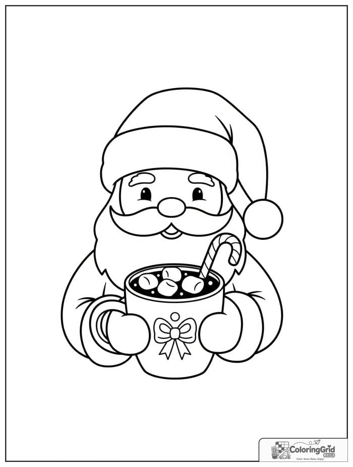 Santa Claus holding a mug of hot cocoa.
