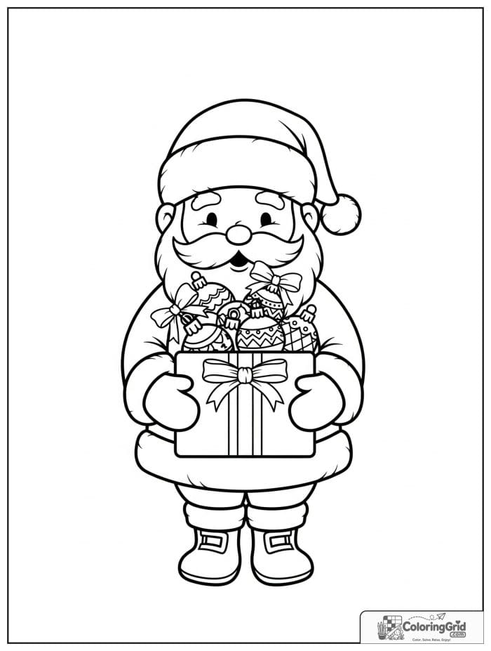 Santa Claus holding a box filled with Christmas ornaments.