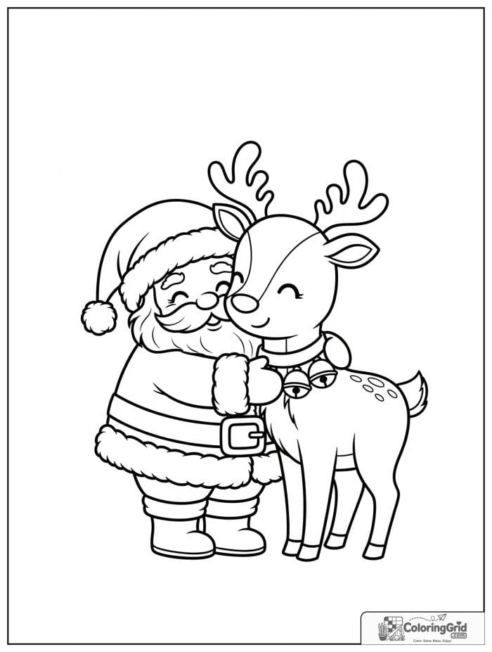 Santa Claus hugging a friendly reindeer with bells.
