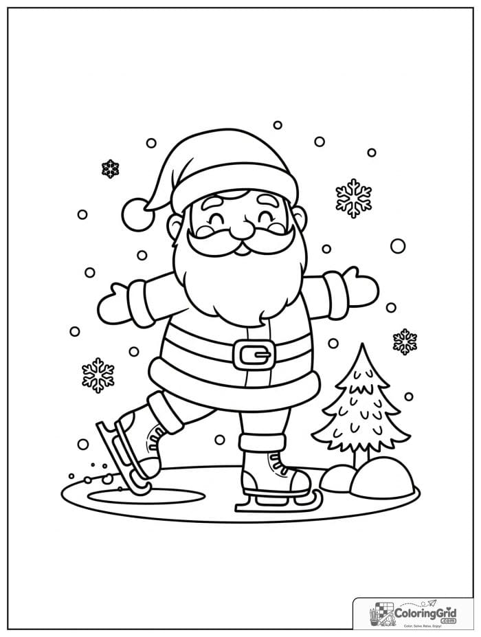 Santa Claus ice skating on a frozen pond.