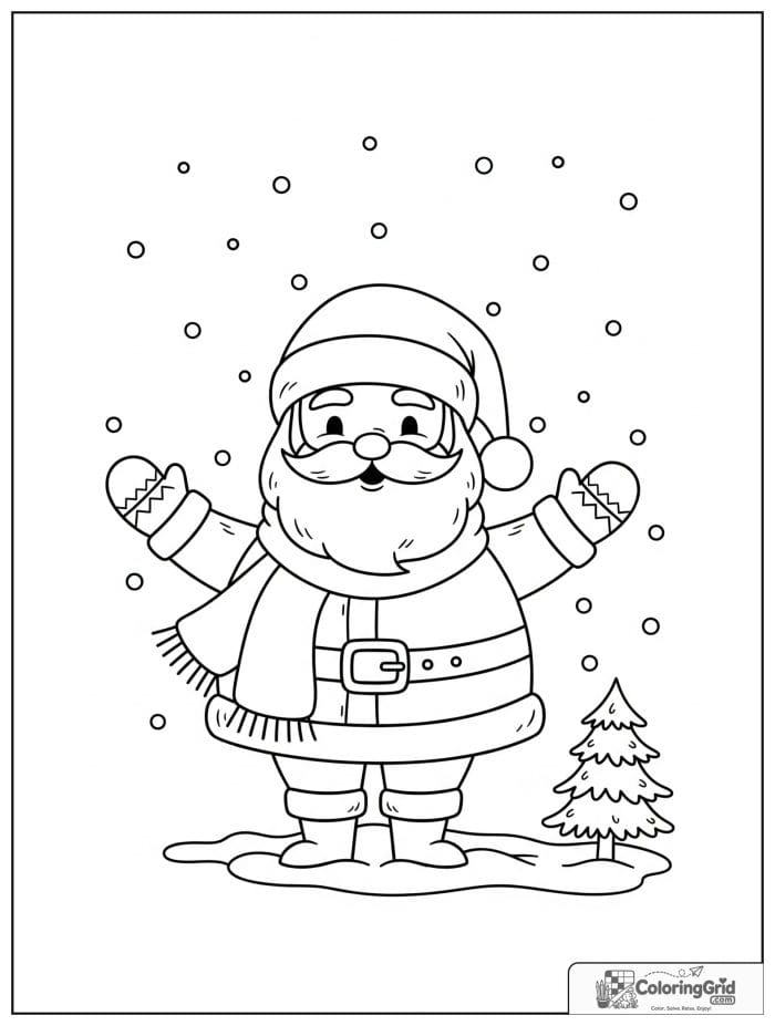 Santa Claus wearing a warm scarf and mittens in the snow.