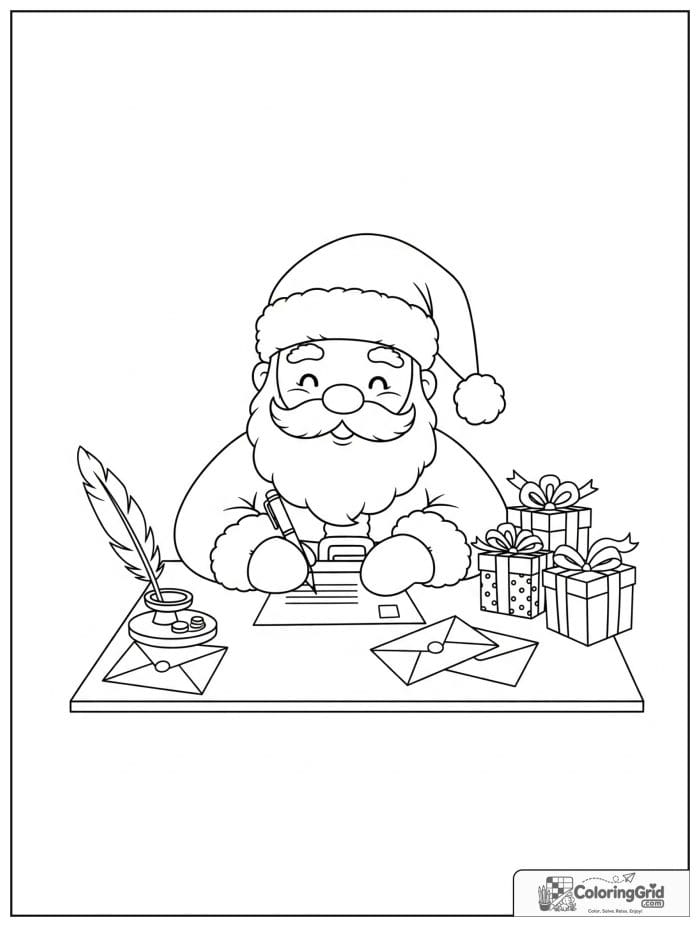 Santa Claus sitting at a desk writing a letter.