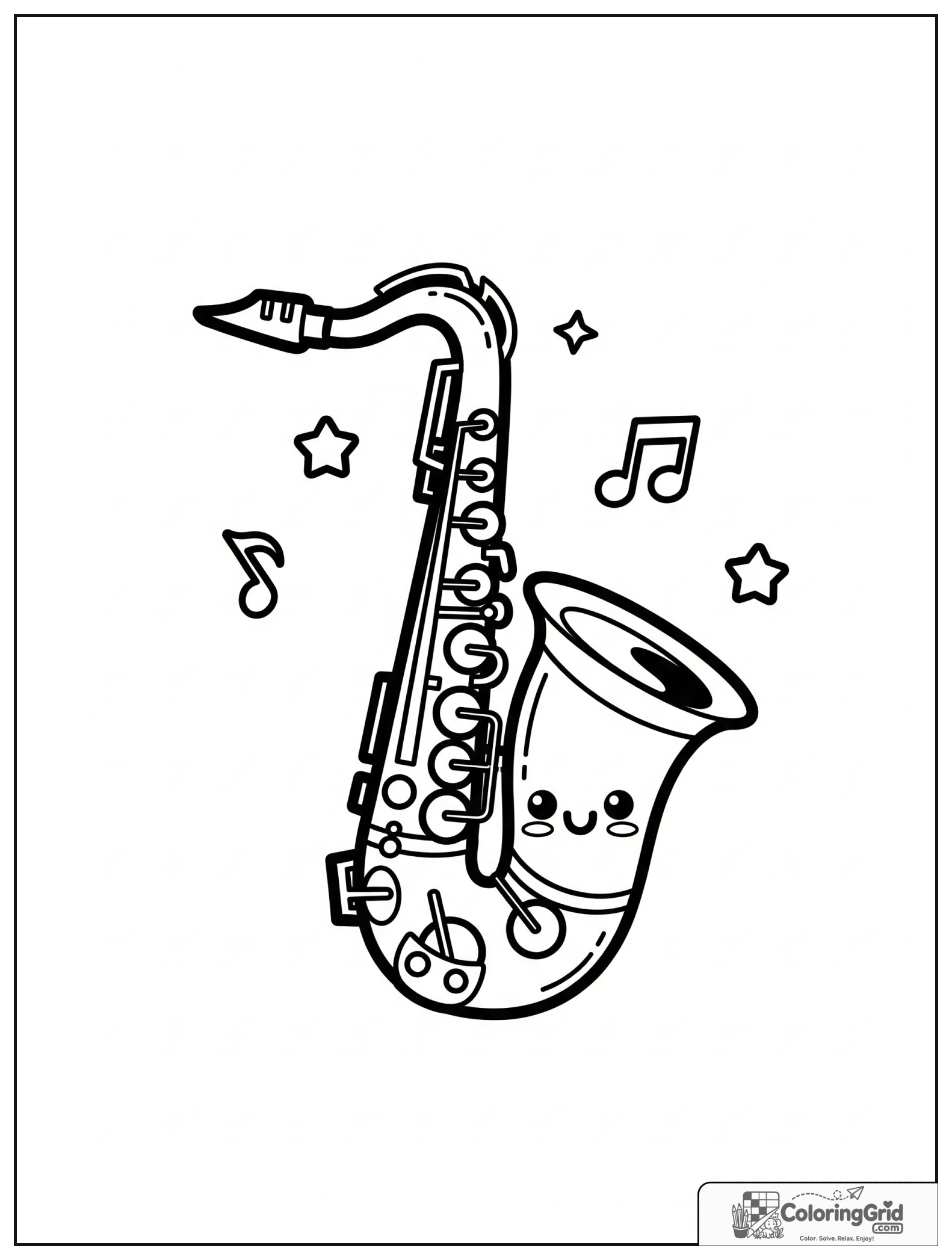 Cute smiling saxophone with small music note and star decorations.