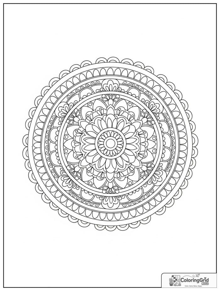 Easy mandala coloring page featuring scalloped circular edges.