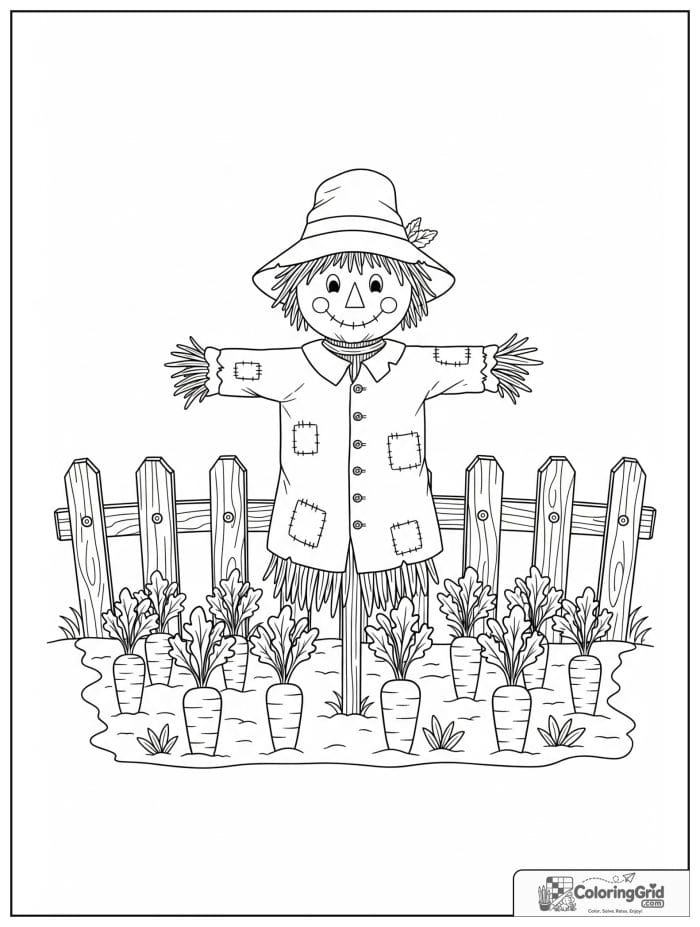 Scarecrow in carrot garden black and white drawing