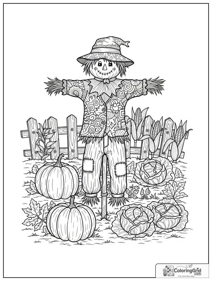 Vegetable coloring page featuring a scarecrow in a vegetable patch.