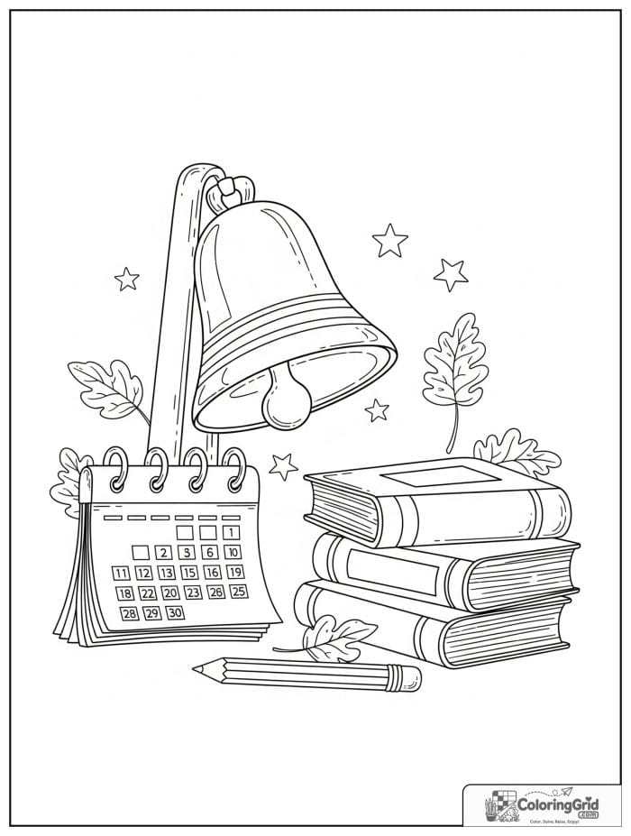 Back to school coloring page featuring a school bell and classroom calendar.