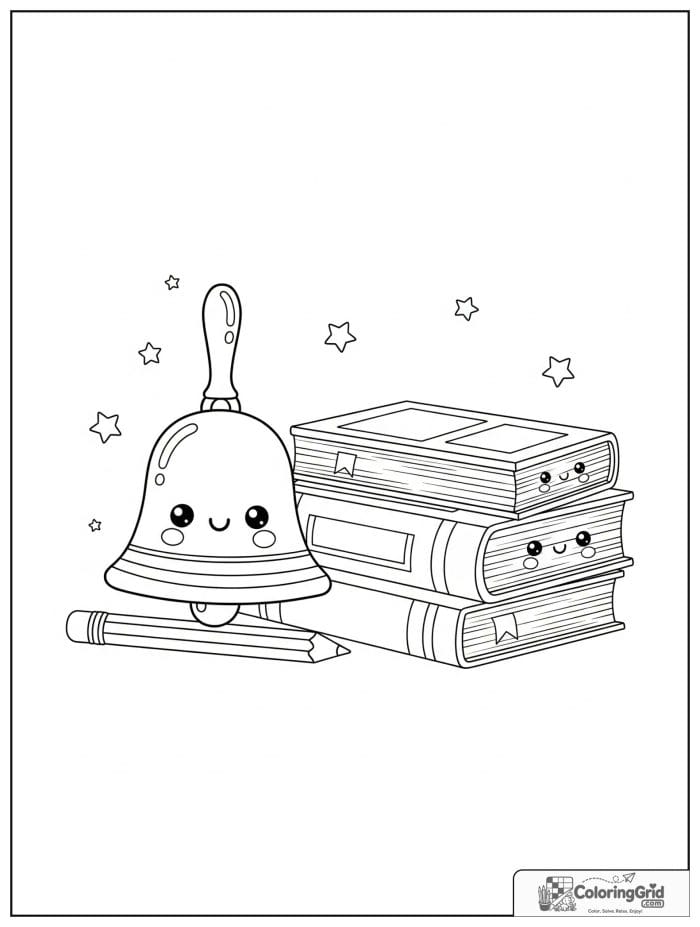 School bell beside books and a pencil.