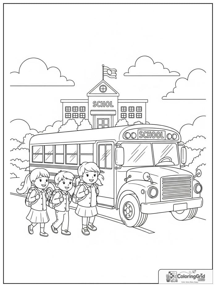 Back to school coloring page featuring a school bus arriving on the first day.
