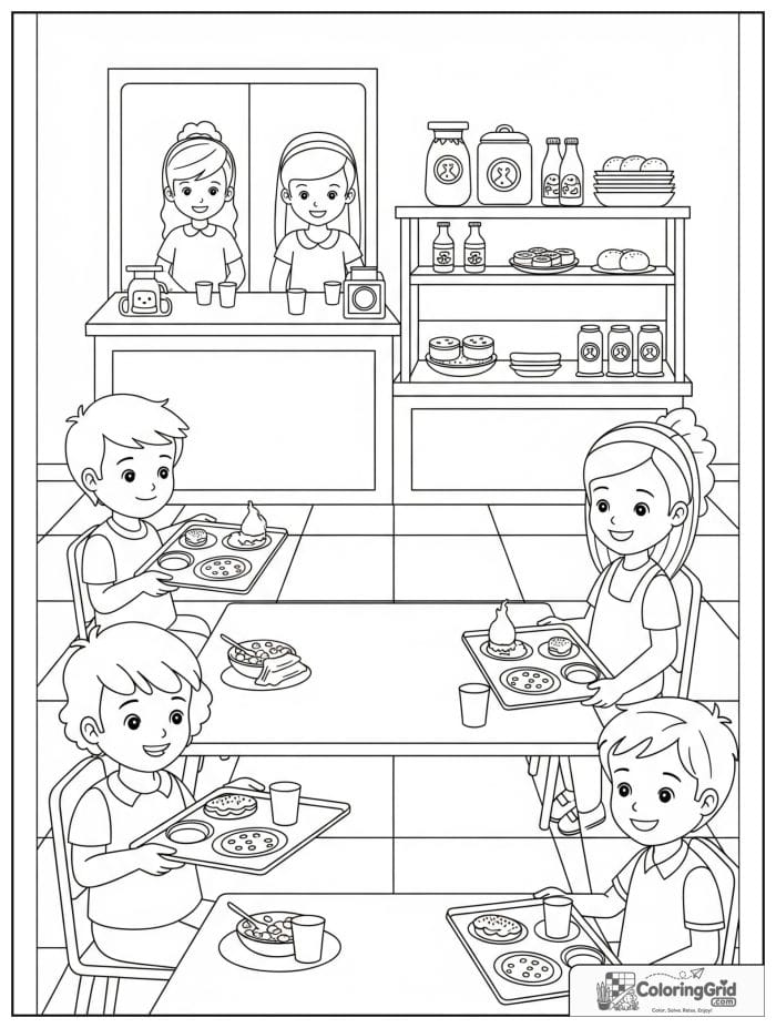 Back to school coloring page featuring a school cafeteria scene.