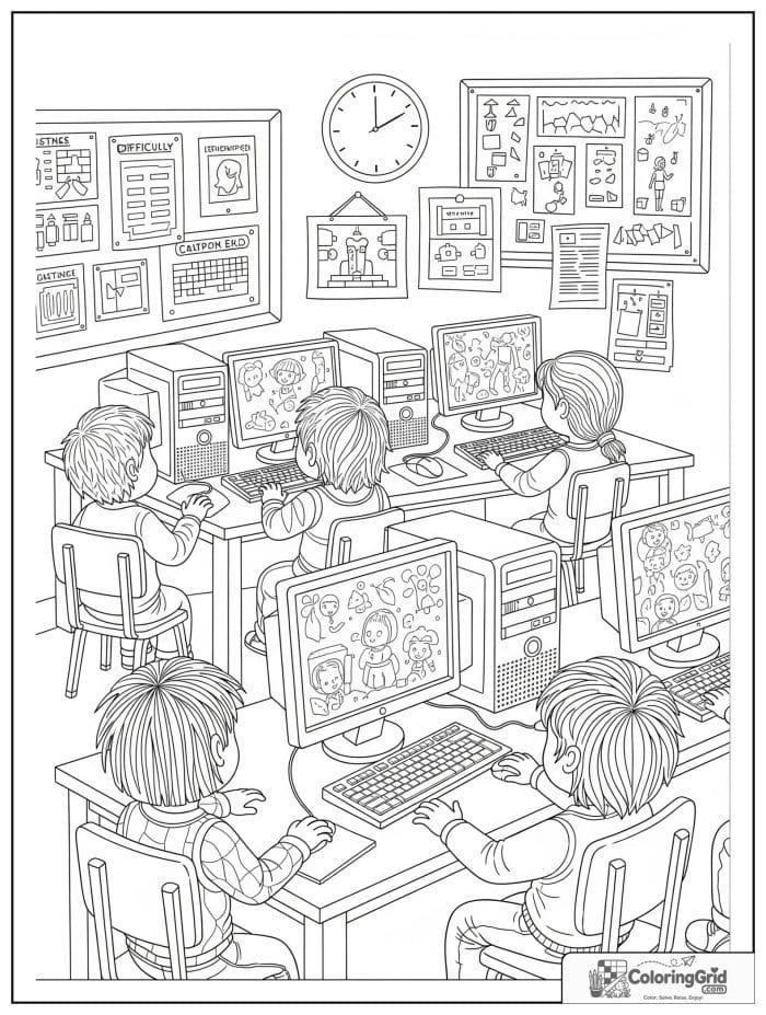 Back to school coloring page featuring a school computer lab.