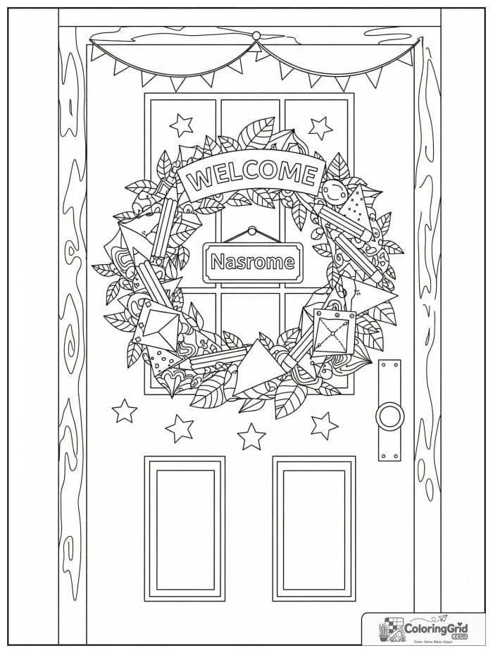 Back to school coloring page featuring a decorated classroom door.