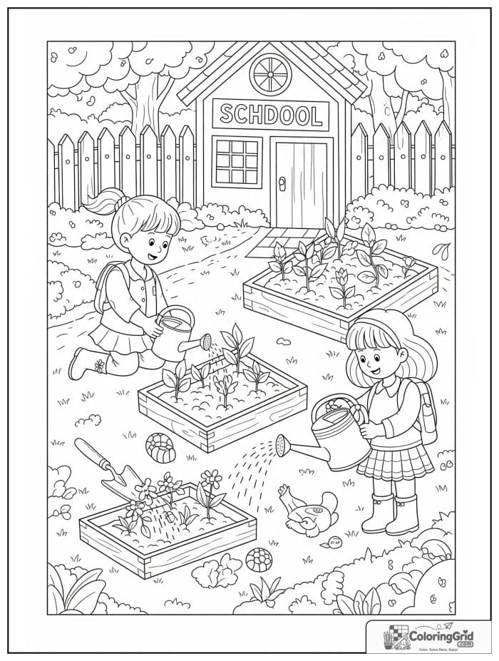Back to school coloring page featuring a school garden class.