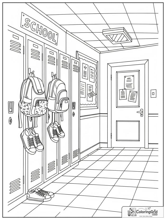 Back to school coloring page featuring a school hallway with lockers.