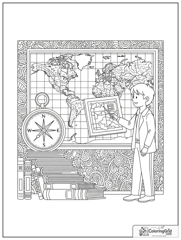 Back to school coloring page featuring a map and compass classroom scene.