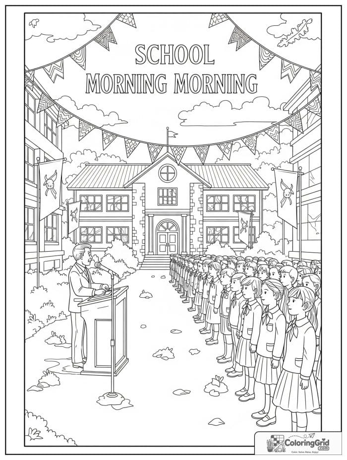 Back to school coloring page featuring a school morning assembly.