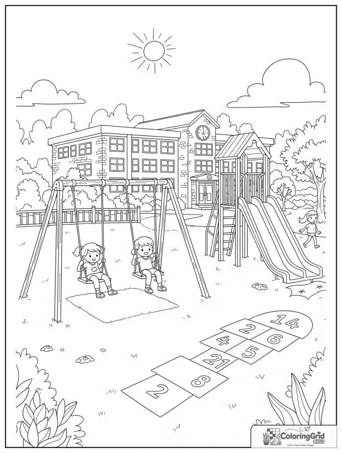 Back to school coloring page featuring a playground recess scene.