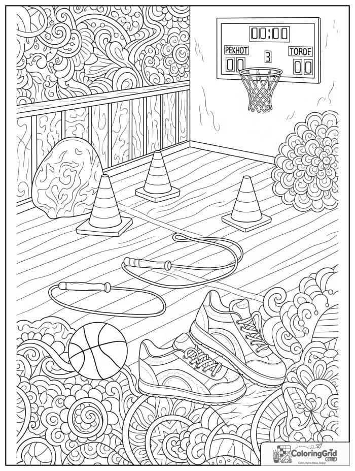 Back to school coloring page featuring a school gym with sports equipment.