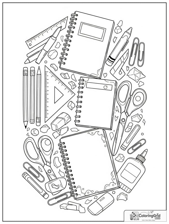 Back to school coloring page featuring a set of school supplies.