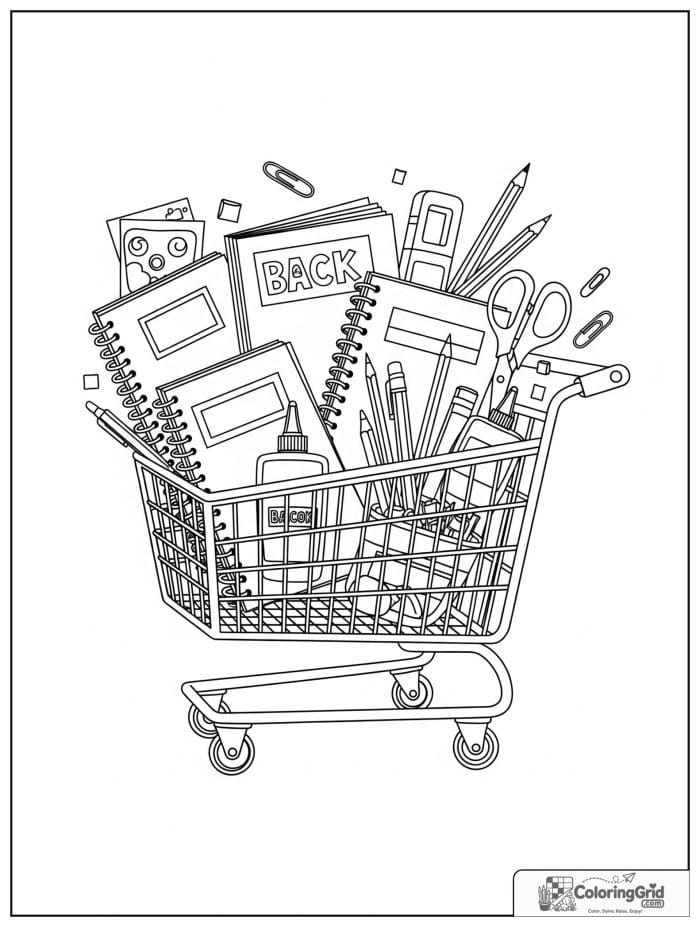 Back to school coloring page featuring a shopping cart full of school supplies.