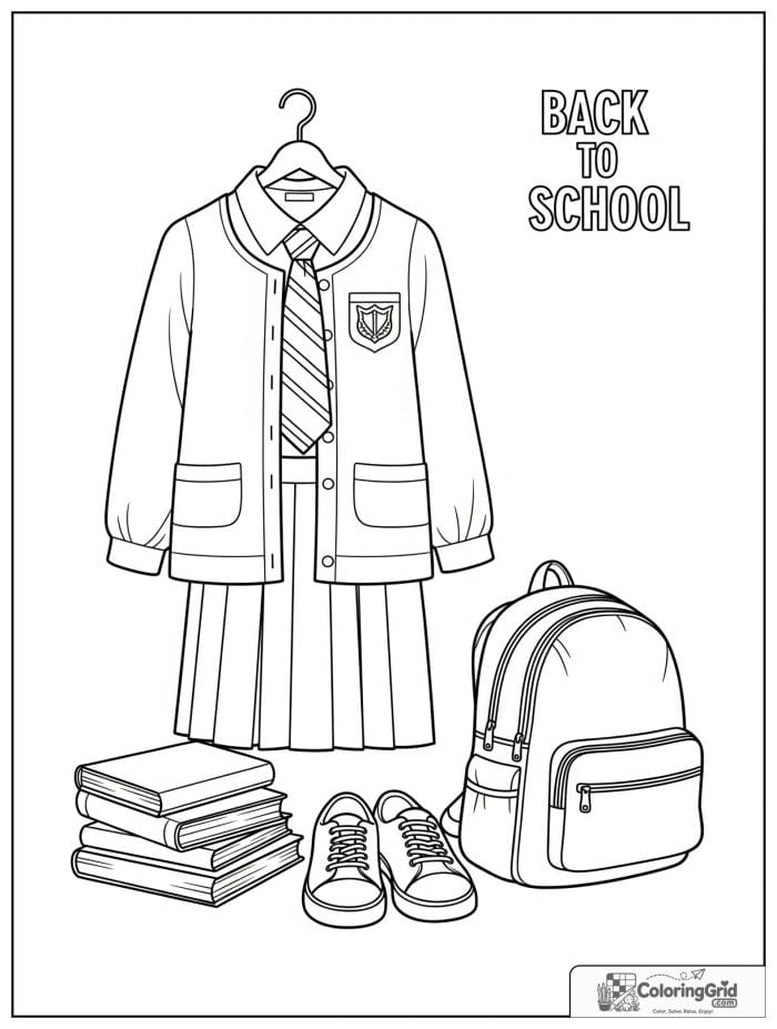 Back to school coloring page featuring a school uniform and backpack.
