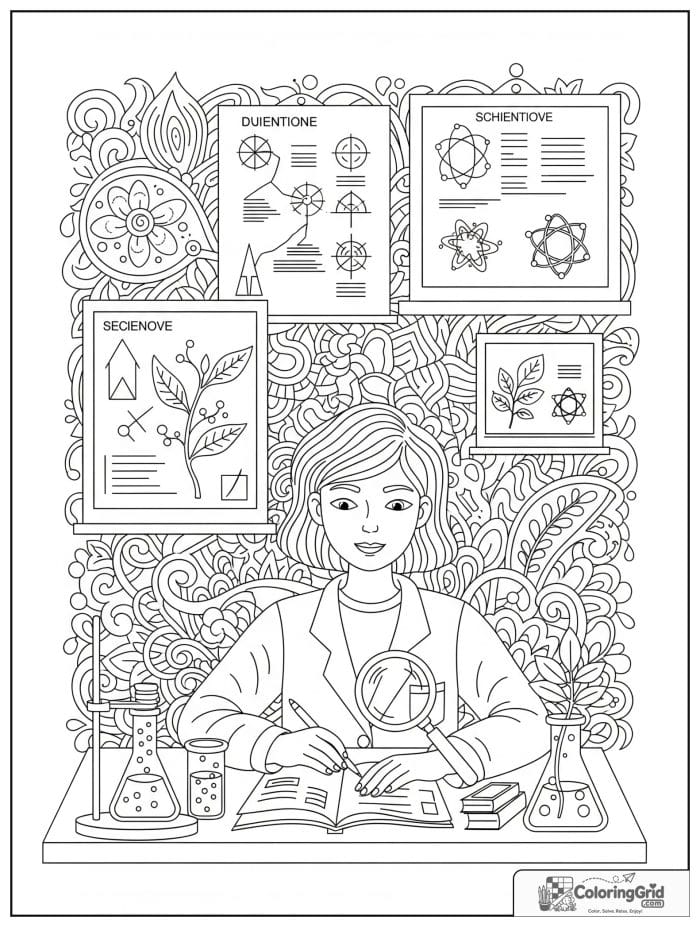 Back to school coloring page featuring a science class table.