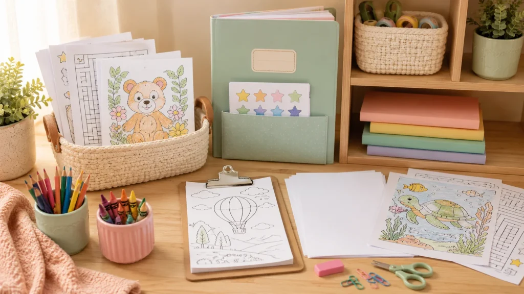 Organized screen-free activity station with printable pages and art supplies