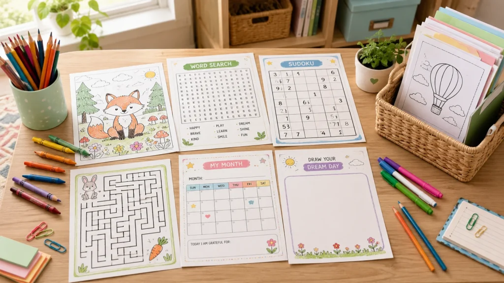 Screen-free printable activities for kids with coloring pages puzzles and calendar