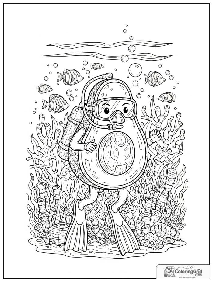 Scuba avocado underwater for avocado coloring pages