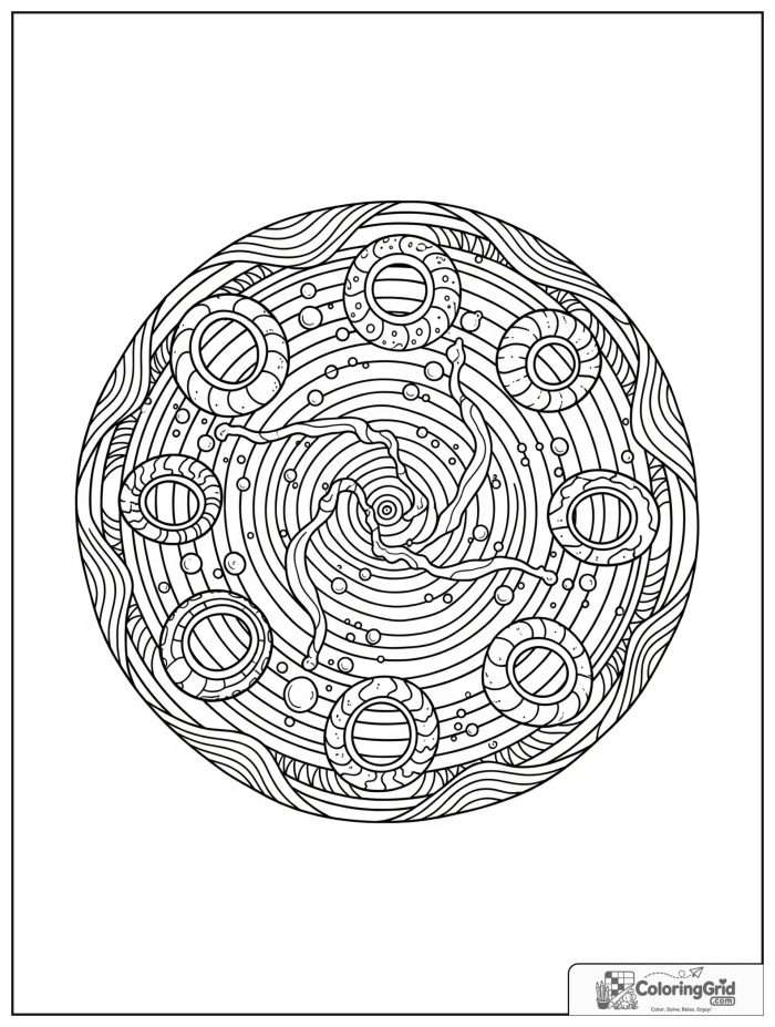 Relaxing seaside mandala with shell rings and tide bands.