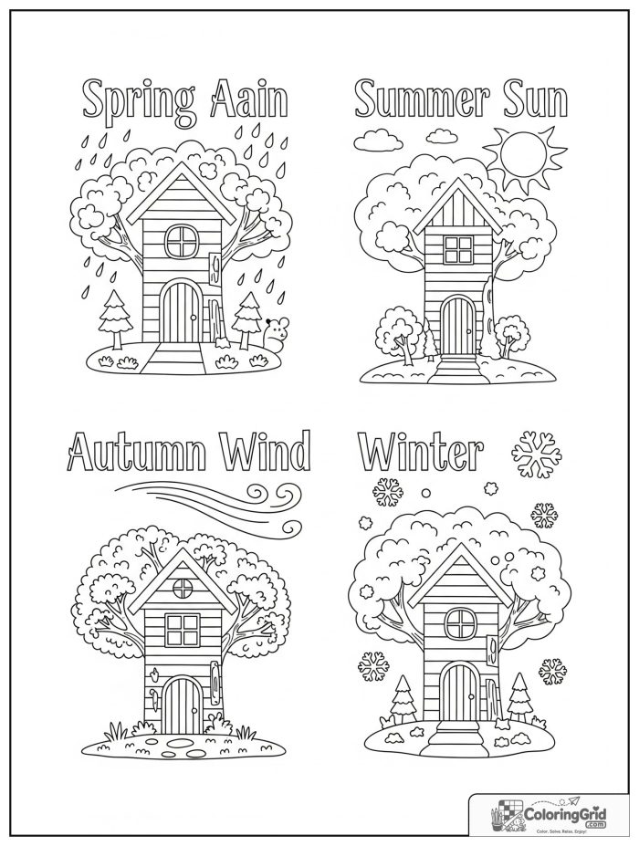 Weather Coloring Pages for Seasons featuring seasonal treehouse weather scenes.