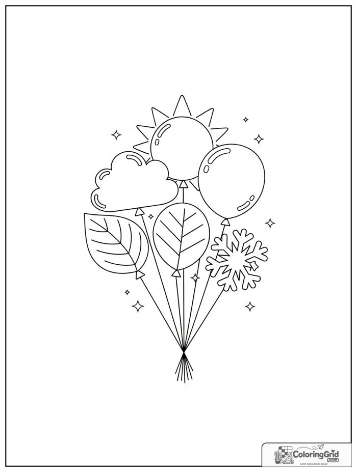 Weather Coloring Pages for Seasons showing seasonal weather balloons.