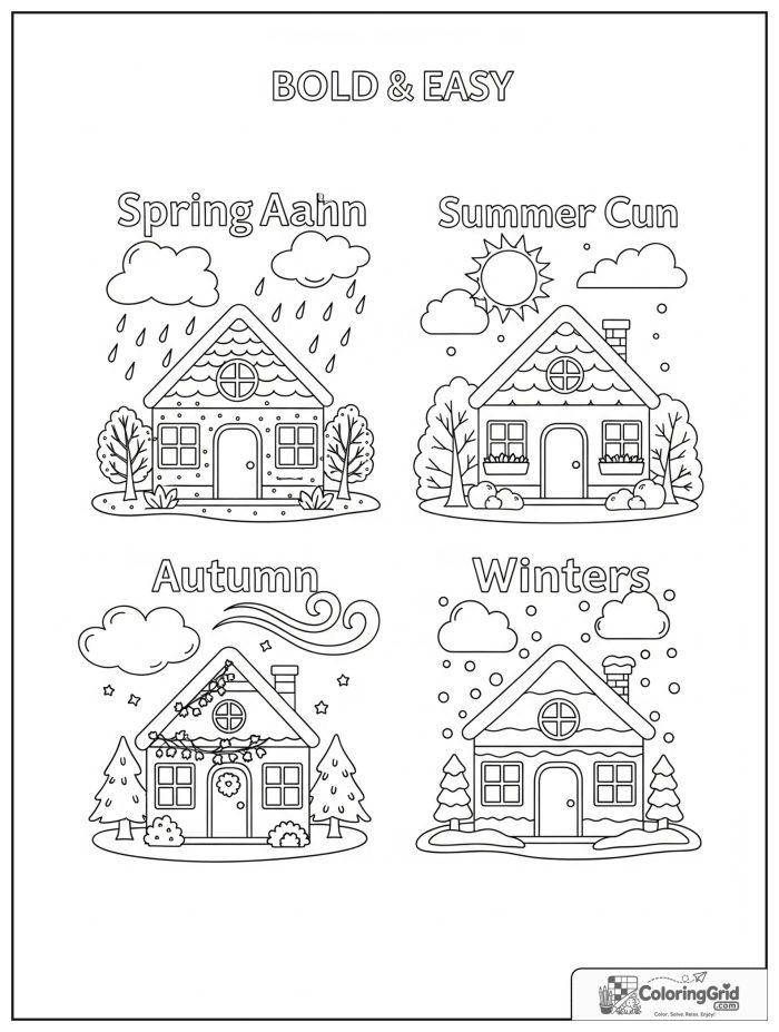 Weather Coloring Pages for Seasons featuring seasonal weather house scenes.