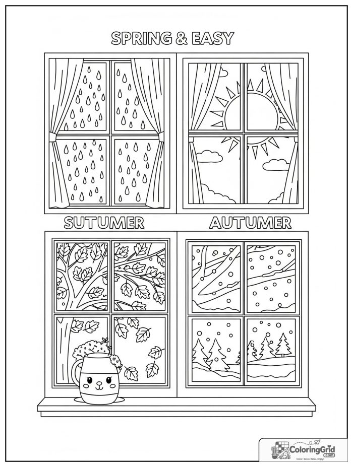 Weather Coloring Pages for Seasons featuring seasonal window view scenes.