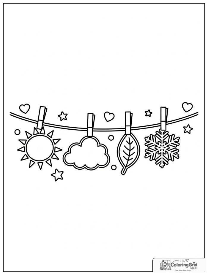 Weather Coloring Pages for Seasons featuring a clothesline with seasonal weather icons.