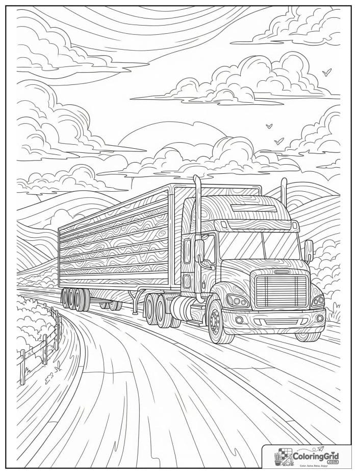 Truck coloring page featuring a semi truck driving on a highway.