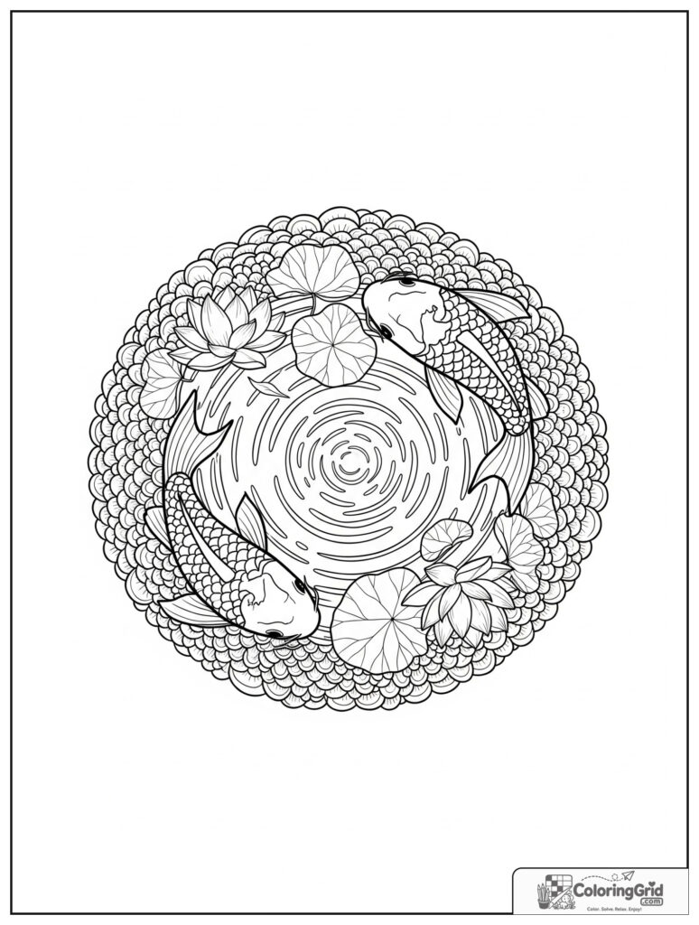 Serene koi pond mindfulness mandala with lotus leaves and zentangle scales