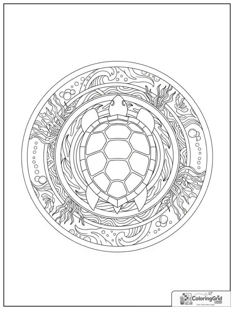 Serene turtle shell mindfulness mandala with wave rings and seaweed doodles