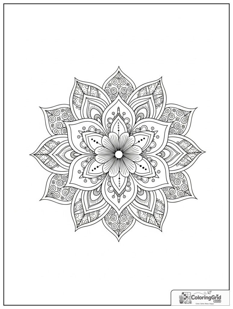 Serenity flower bloom mindfulness mandala with zentangle seed patterns