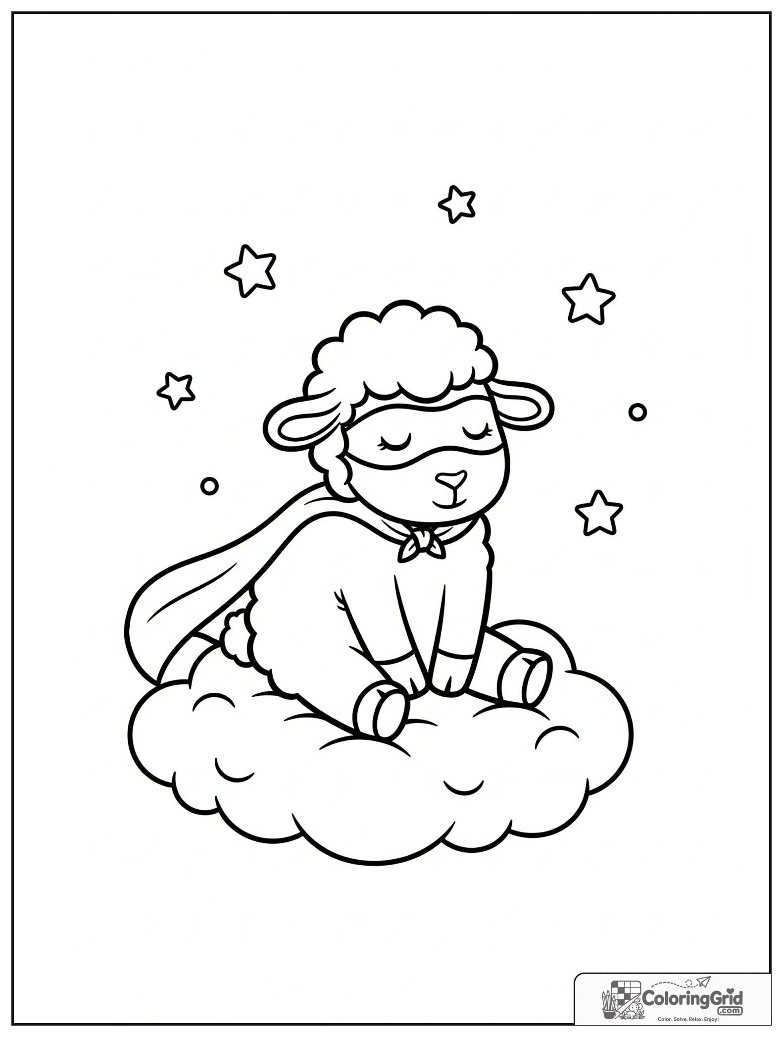 Cute sheep superhero on a cloud with small star details in the background.