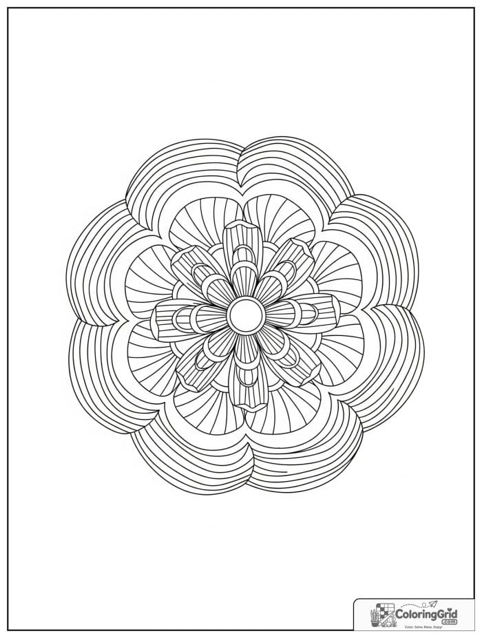 Easy mandala coloring page featuring shell-like rosette petals.
