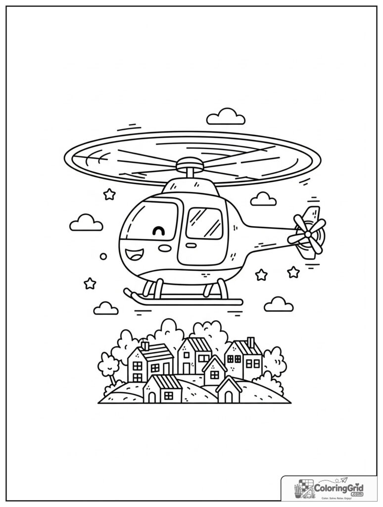 Cute sightseeing helicopter over a village with small cloud decorations.