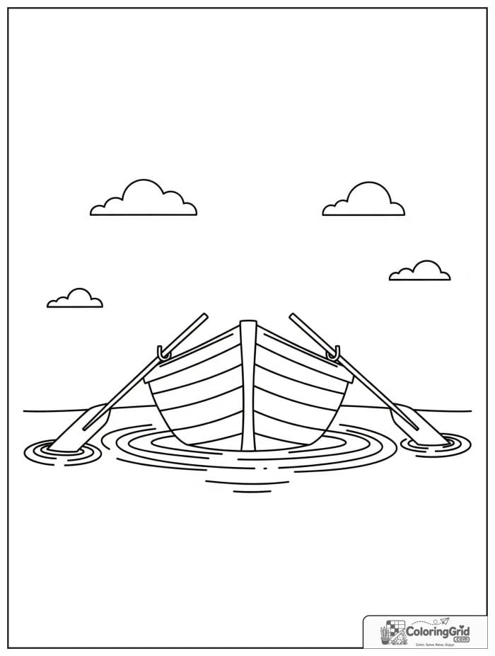 Boat coloring page featuring a front view of a simple boat with oars.