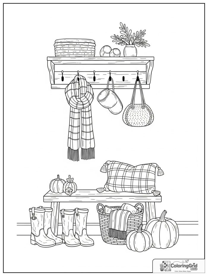 Simple and cozy fall cabin entryway with boots, scarf, and pumpkins.