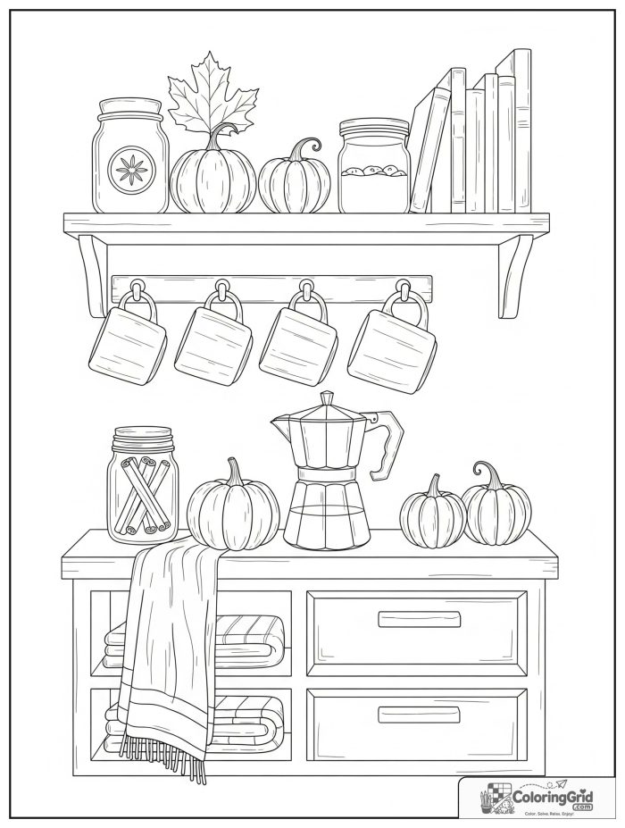 Simple and cozy fall coffee corner with mugs, pumpkins, and cinnamon.