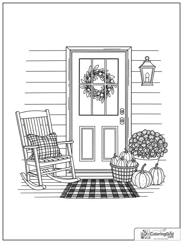 Simple and cozy fall farmhouse porch with rocking chair and mums.