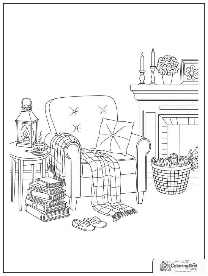 Simple and cozy adult fireplace corner with an armchair and lantern.