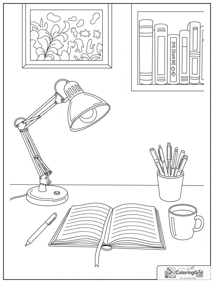 Simple and cozy adult journaling nook with desk, notebook, and lamp.