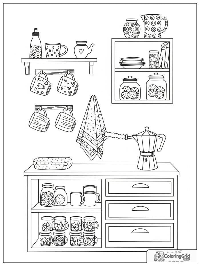 Simple and cozy adult coffee corner with mugs, shelves, and a coffee pot.