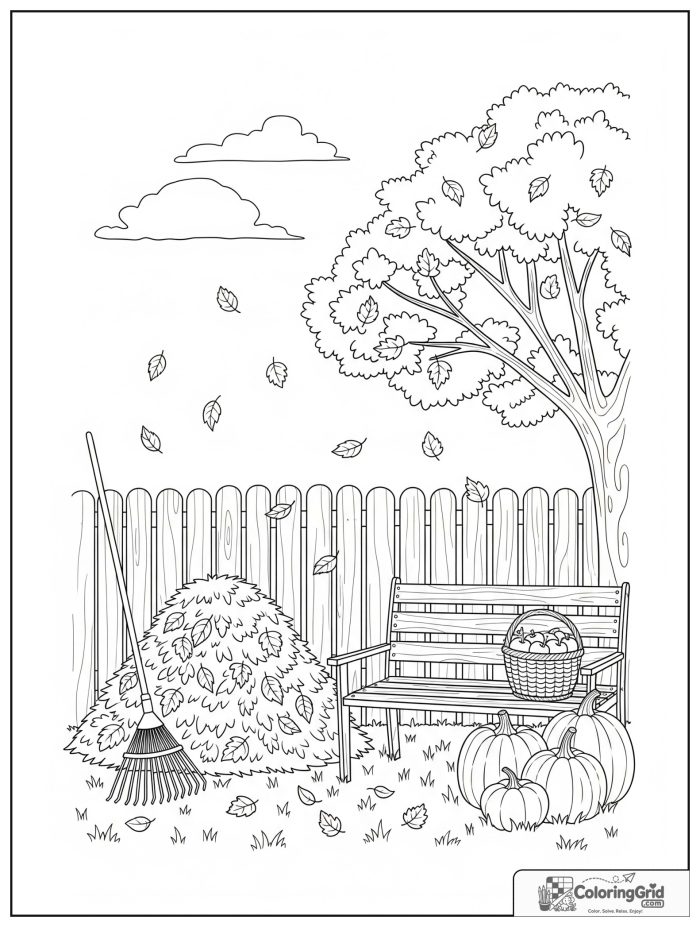Simple and cozy fall backyard with leaf pile, bench, and pumpkins.